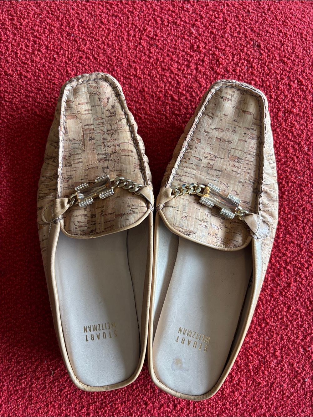 Stuart Weitzman Cork-Textured Tan Slip-On Loafers with Gold Chain